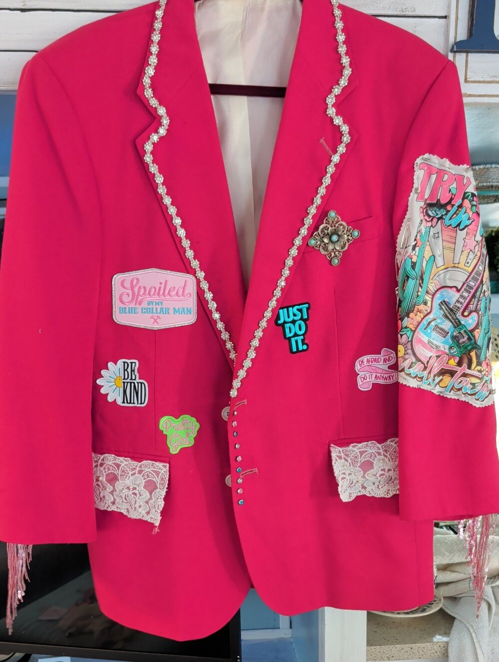 Upcycled Hot Pink Fringe Blazer | Handmade Western Boho Rhinestone